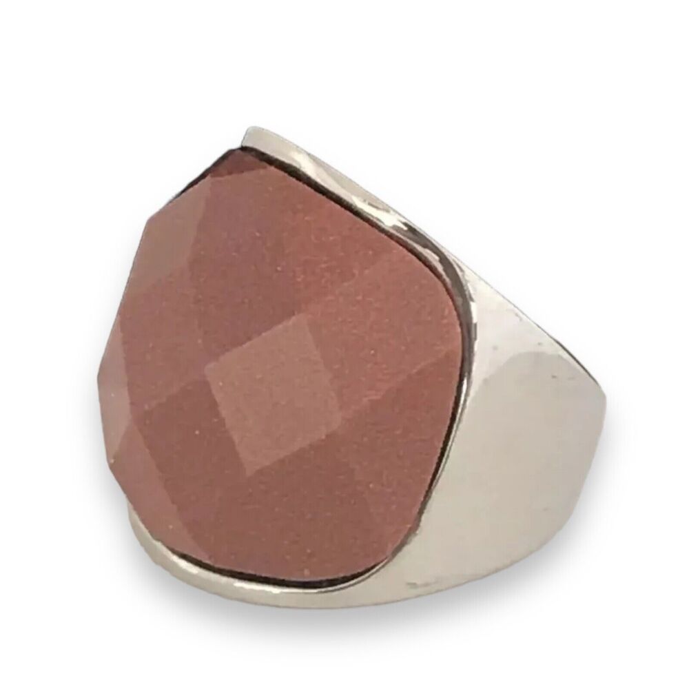 New Statement Ring Silver Tone Faceted Goldstone Signed Kauss - 4N